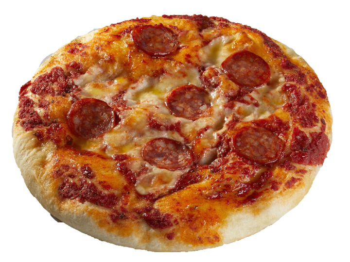 Pizza mit scharfer Salami, rund